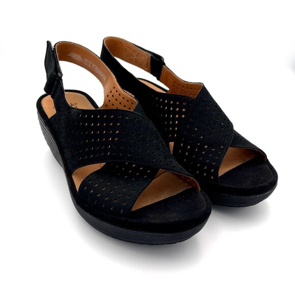 Clarks Collection Soft Cushion Balck Platform Wedge Ankle Strap Shoe Size 8M - Picture 1 of 5